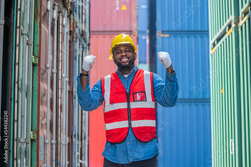 African American worker concept, African American worker working in warehouse containers for logistic import export