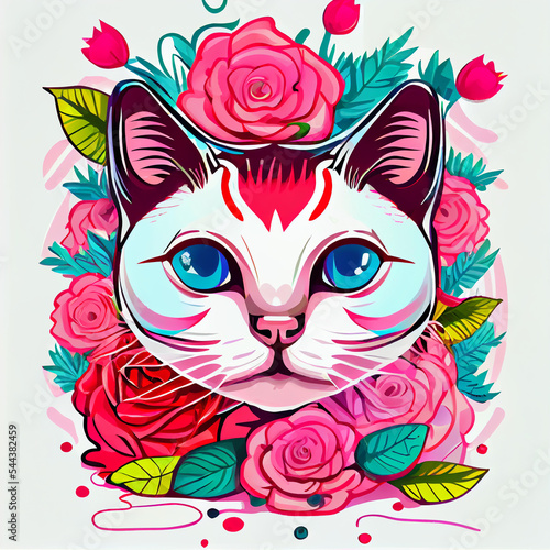 Abstract cartoon cat illustration surrounded by flowers and roses