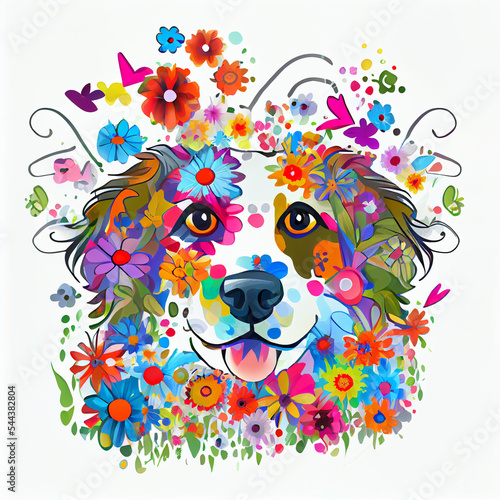 Abstract cartoon cat illustration surrounded by flowers and roses