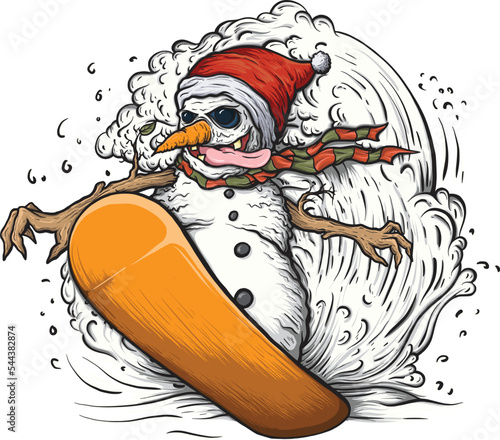 snowman with a snowboard | Snowboarding Snowman Hand drawn Illustration | Snowboarding Snowman Vector Illustration | Hand-drawn Snowman Christmas Illustration