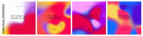 Set of Romantic Colorful Cards About Love with Bright Gradients and Quotes. Vector Abstract Patterns with Color Gradient