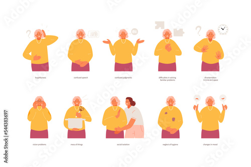 Elderly woman with symptoms of Alzheimer's disease. Memory loss, senile dementia vector illustration