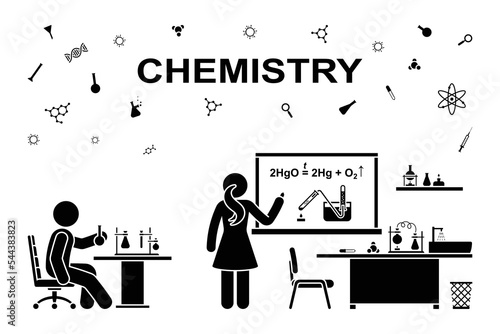 Stick figure man and woman chemist making scientific experiment in chemistry laboratory vector illustration icon. Stickman scientist pictogram