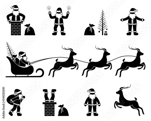 Stick figure icon Santa Claus man in sleigh with reindeer presents bag, chimney, walking vector illustration. Christmas holidays pictogram