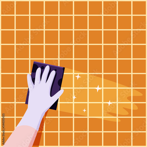 He was cleaning the bathroom wall using a sponge.
Illustration about wipe the bathroom wall.