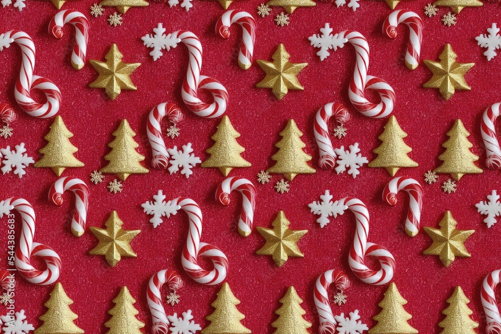 Seamless red background of white-red Candy canes christmas decoration.Top view. Christmas banner wallpaper or pattern for wrapping paper. Xmas sweets
