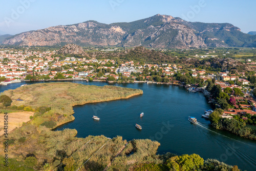Aerial view of Dalyan river and boats with Iztuzu Beach Scenery, Turkey.