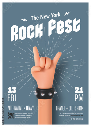 Rock festival invitation printing leaflet template. Music festival flyer vector illustration A4 badge format. 3d rock stars hand with horn sign gesturing.