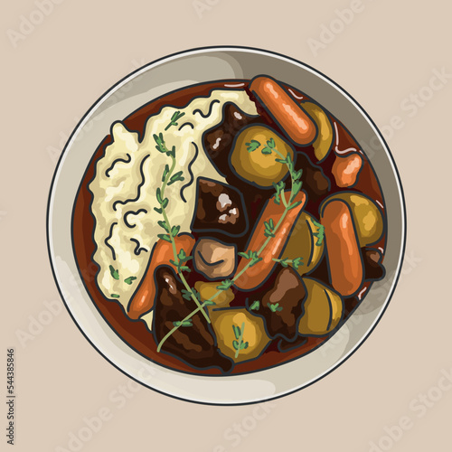 Beef dinner with vegetables. Vector graphics