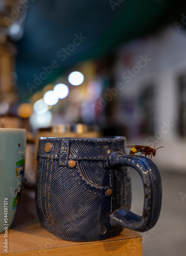 bee standing over the ceramic cup 