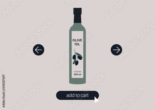 Online grocery shopping, a glass bottle of virgin olive oil