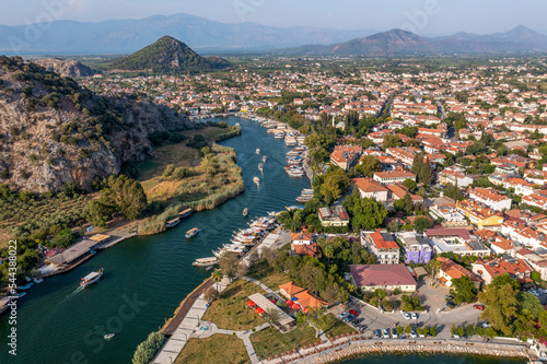 Aerial view of Dalyan river and boats with Iztuzu Beach Scenery, Turkey.