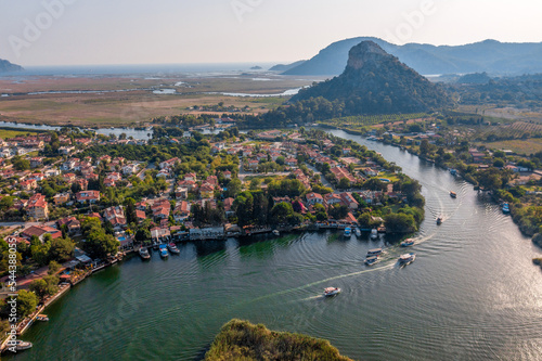 Aerial view of Dalyan river and boats with Iztuzu Beach Scenery, Turkey.