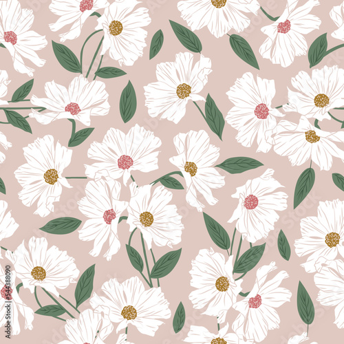 Seamless daisy flower pattern on beige background