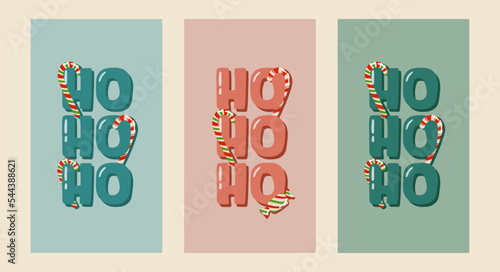 Christmas ho ho ho flat illustrations set. Christmas striped candies. Minimalistic pastel design for phone wallpaper, posters, print, postcards and greeting cards. Winter holiday concept.