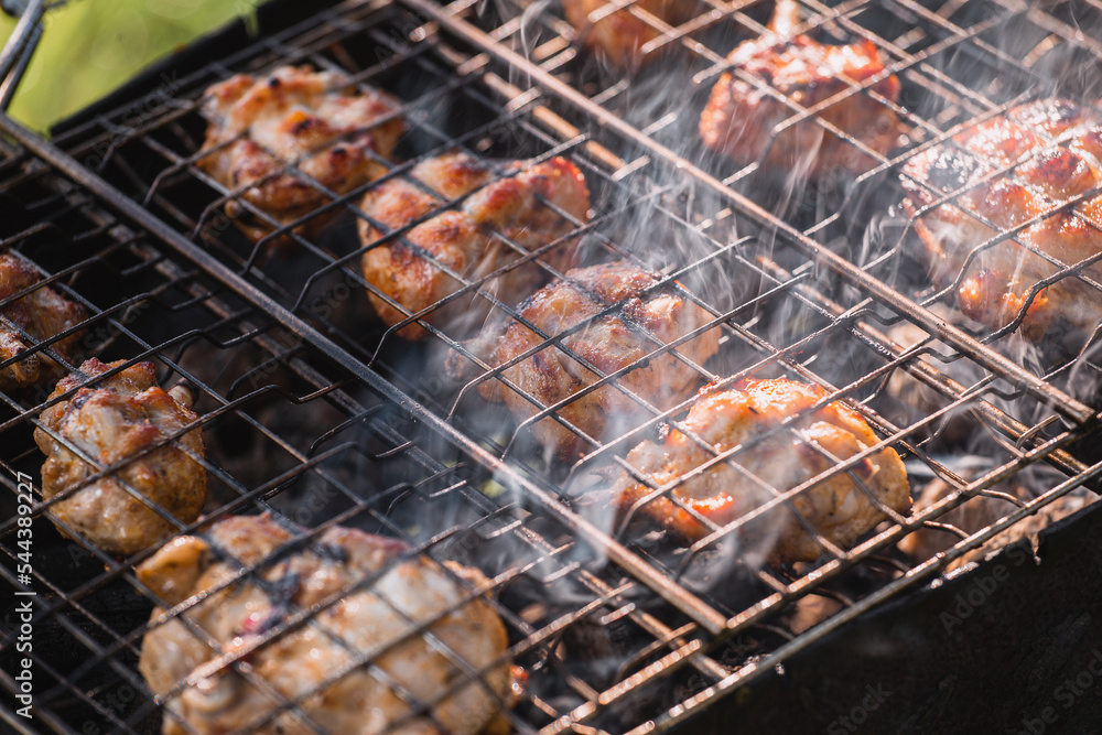 Juicy pieces of meat shrouded in smoke on a grill - barbecue