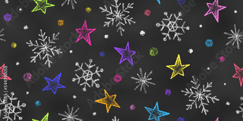 Christmas Seamless Pattern of Chalk Drawn Sketches Snowflakes and Stars on Blackboard. Stylized Grunge Endless Motif.