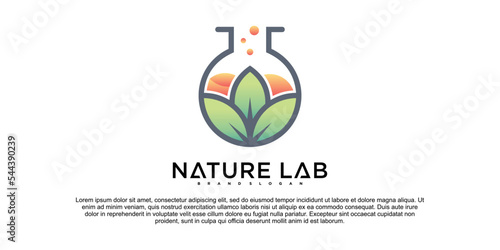 Creative leafs with lab bottle logo design vector illustration template