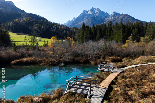Travel Destination of Zelenci Water Spring of Sava Dolinka River Protected Area in Autumn Julian Alps Slovenia