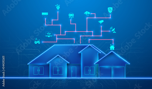 Banner of Smart Home technology. The building consists of numbers and is connected by icons of household smart devices. Intelligent home management system. The concept of a smart home security system