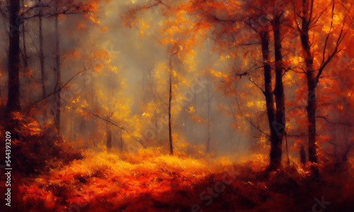 Autumn forest. Nature landscape. Digital colorful illustration.