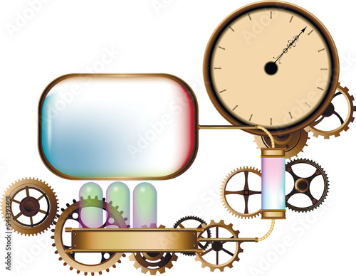 	
Colorful golden steampunk background and screen. Frame and vintage clock, flakon, bulb, cogs and gears. Vintage set