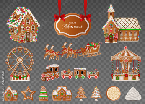 set of isolated gingerbread landscape elements. christmas gingerbread cookies. gingerbread house, church, ferris wheel, carousel, sleigh and train
