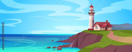 Cartoon ocean shore with lighthouse. Light house on sea coast. Coastline landscape with beacon and signal building on cliff. Summer seashore with rocky beach and marine navigation tower on seaside.