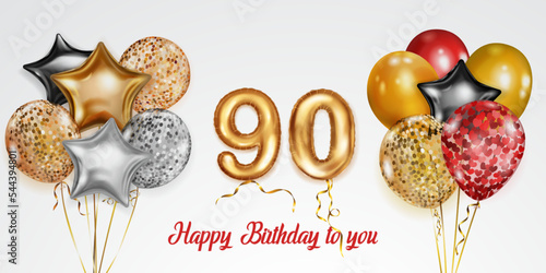 Festive birthday illustration with colored helium balloons, big number 90 golden foil balloon and inscription Happy Birthday on white background