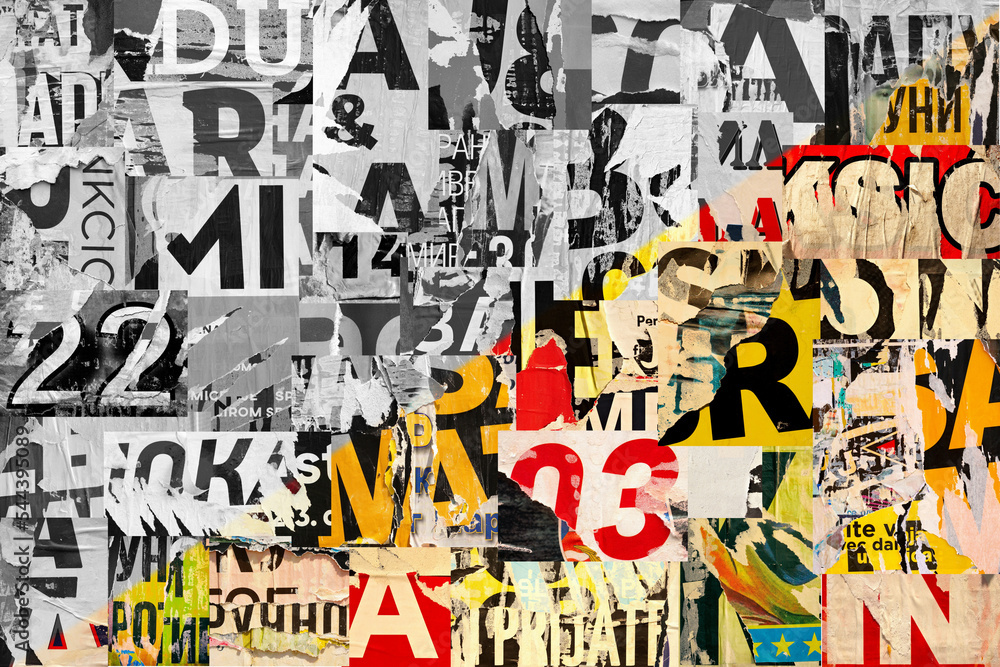 Collage of many numbers and letters ripped torn advertisement street posters grunge creased crumpled paper texture background placard backdrop surface