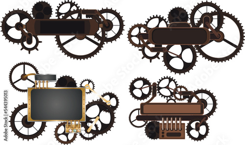 	
Colorful golden steampunk background and screen. Frame and vintage clock, flakon, bulb, cogs and gears. Vintage set