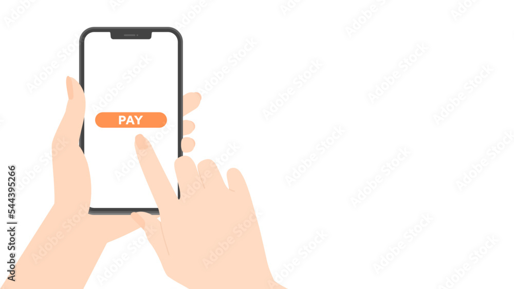 PAYの文字が表示されたスマートフォンで支払いをする人の手 - スマホ決済･買い物のイメージ素材
