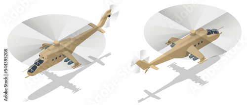 Isometric Mil Mi-24 large helicopter gunship, attack helicopter and low-capacity troop transport. Attack helicopter with transport capabilities, helicopter gunship
