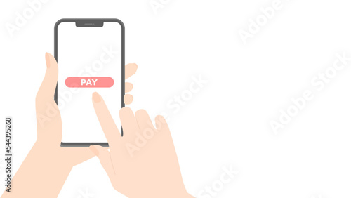 PAYの文字が表示されたスマートフォンで支払いをする人の手 - スマホ決済･買い物のイメージ素材
