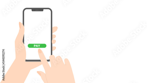 PAYの文字が表示されたスマートフォンで支払いをする人の手 - スマホ決済･買い物のイメージ素材
