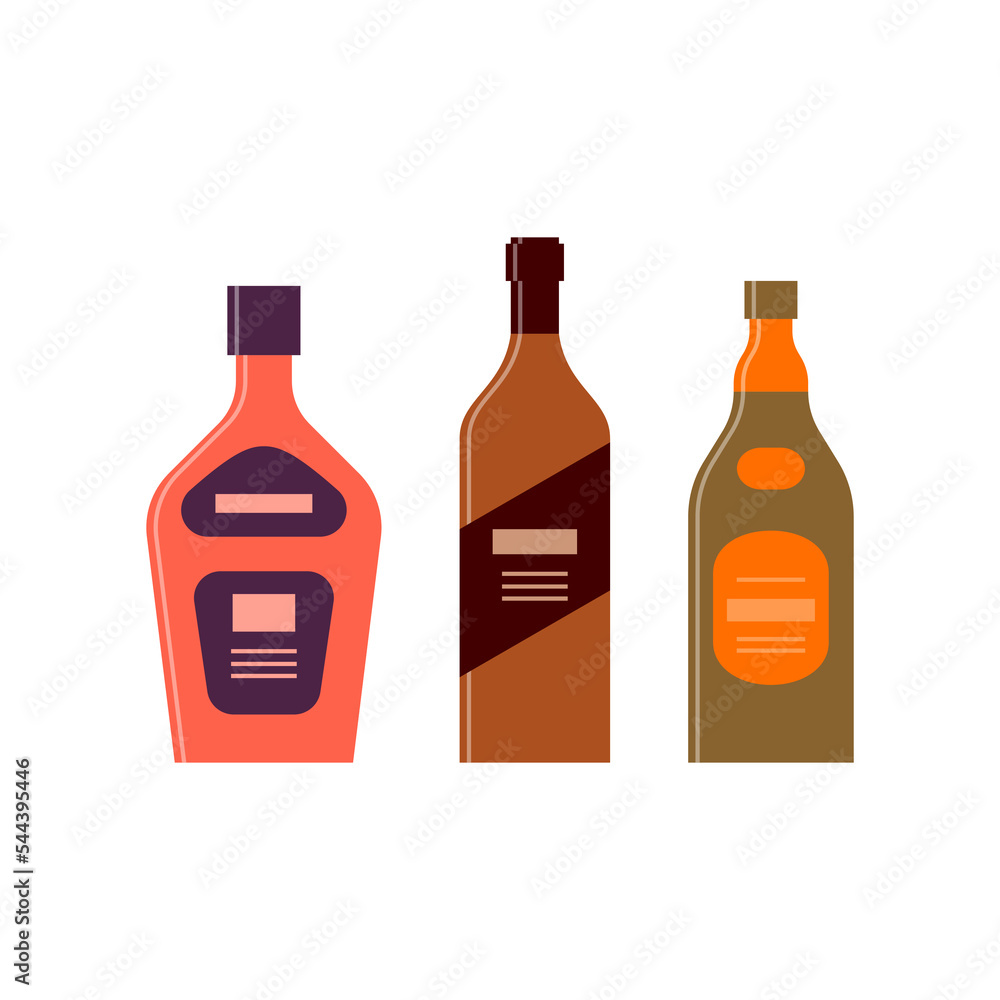 Bottle of cream, brandy, whiskey great design for any purposes. Icon bottle with cap and label. Flat style. Color form. Party drink concept. Simple image shape on white backgrounds Bottle of cream, brandy, whiskey great design for any purposes. Icon bottle with cap and label. Flat style. Color form. Party drink concept. Simple image shape on white backgrounds