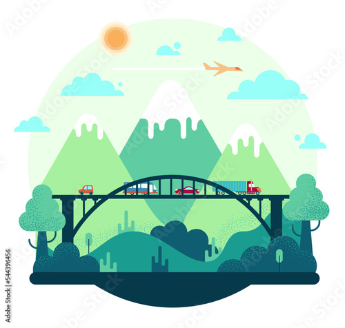 Wallpaper Mural Long bridge in the mountains, vector cartoon illustration in flat stile Torontodigital.ca