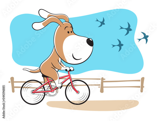 Cartoon illustration of the cute funny Dog Puppy riding bicycle along countryside road. Biking, sport, fitness, healthy lifestyle, outdoor activities.