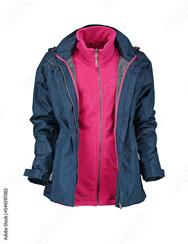 Dark blue jacket with hot pink lining. Zipper placket. Open zipper.
 photo