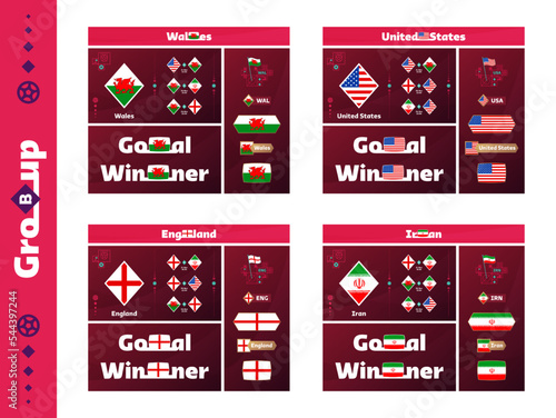 Football 2022 world Qatar cup Group B wales, united states, england, iran design media kit graphic collection. 2022 Football cup or Soccer Championship design elements vector set