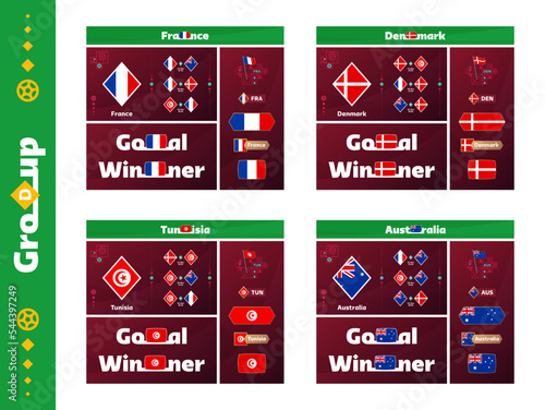 Football 2022 world Qatar cup group D france, australia, denmark, tunisia, design media kit graphic collection. 2022 Football cup or Soccer Championship design elements vector set