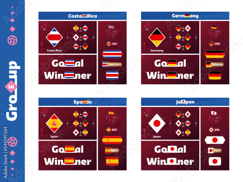 Football 2022 world Qatar cup Group E costa rica, spain, germany, japan design media kit graphic collection. 2022 Football cup or Soccer Championship design elements vector set