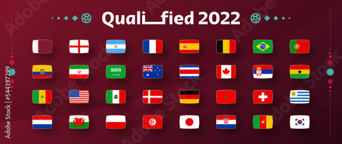 2022 Qatar world football cup national flag set. Flags of all countries participating in the final part of soccer 2022 competition in 8 groups. Vector illustration