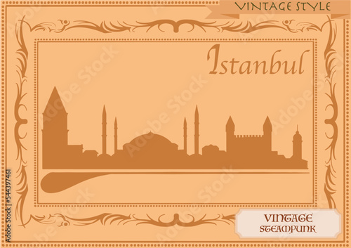 Istanbul vintage skyline frame, vector background , old retro, steampunk logo	