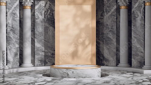 Luxury 3D product podium, marble pedestal for product showcase with copy space. Large golden banner in the middle. Black marble wall with greek antique columns. 3D rendering illustration. (ID: 544397473)