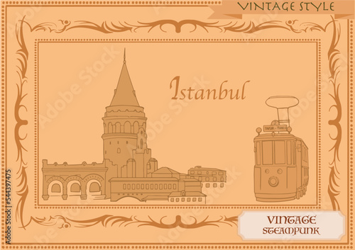 Galata, Istanbul vintage skyline frame, vector background , old retro, steampunk logo	