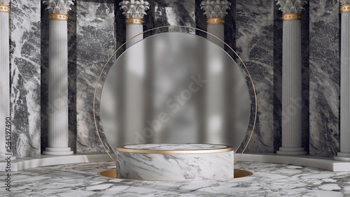 3D render round platform with glass wall panel. Product podium for branding and product presentation. Antique greek columns on marble wall. 3D rendering illustration. (ID: 544397490)