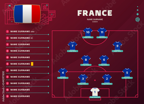 france line-up world Football 2022 qatar, cup tournament final stage vector illustration. Country team lineup table and Team Formation on Football Field. soccer tournament Vector country flags