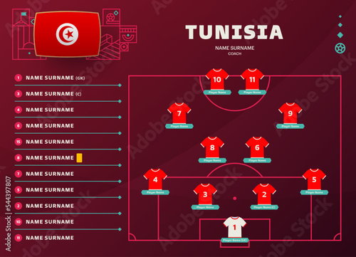 tunisia line-up world Football 2022 qatar, cup tournament final stage vector illustration. Country team lineup table and Team Formation on Football Field. soccer tournament Vector country flags
