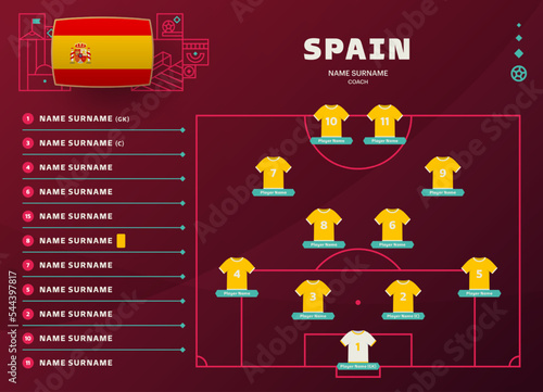 spain line-up world Football 2022 qatar, cup tournament final stage vector illustration. Country team lineup table and Team Formation on Football Field. soccer tournament Vector country flags